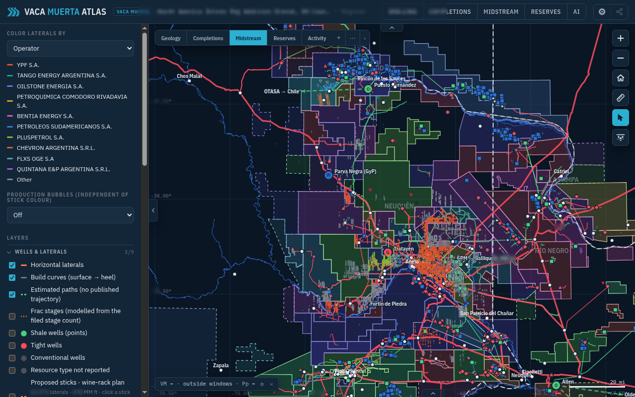 Basin midstream map with pipelines, plants, water and disposal, and laterals by operator